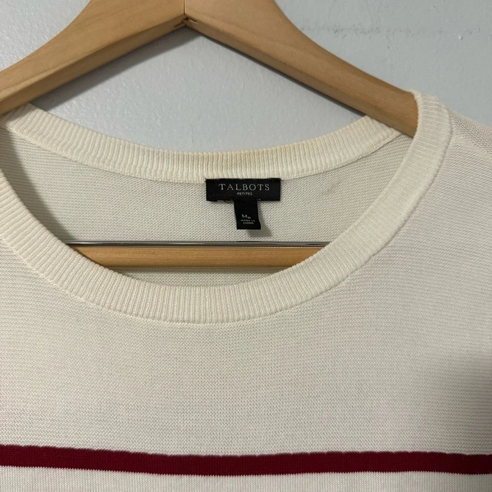 Talbots‎ Women’s Sweater Size MP Ivory Red Stripe Bow Embellished Tunic Pullover